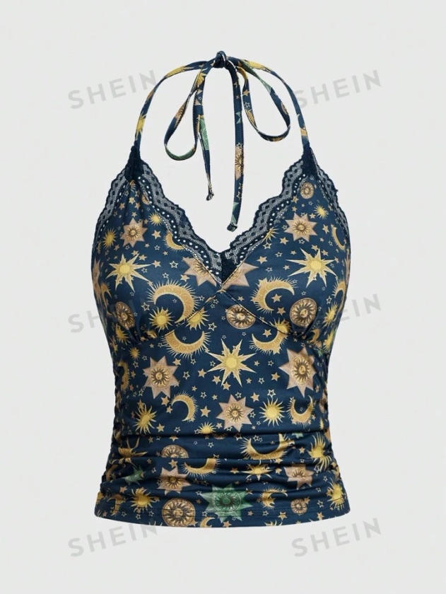 ROMWE Hippie Queen Of Stars & Sun & Moon Pattern Halter Top With Gathered Waistband - Can Be Worn As A Neck Hanging Or Waist Belted Shirt
