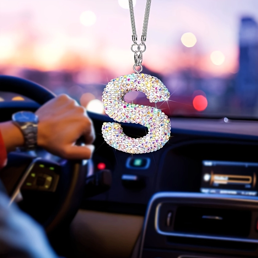 1pc Rainbow Letter Car Rearview Mirror Decoration Hanging Lucky Crystal Pendant Shiny Car Accessories, Rhinestone Charm Car Decoration