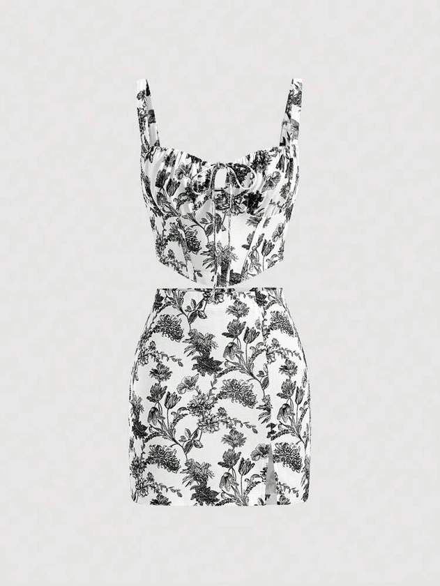 SHEIN MOD Floral Print Tie Front Cami Top & Skirt