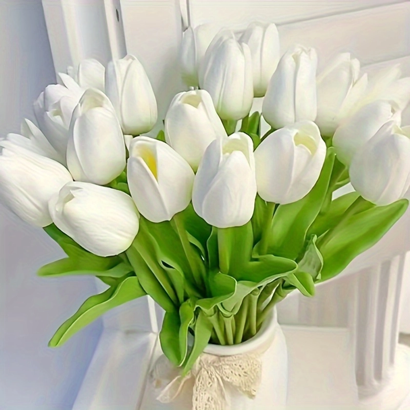 10-Piece Premium Artificial Tulip Bouquet - Real Touch Faux Flowers For Weddings, Home & Party Decor