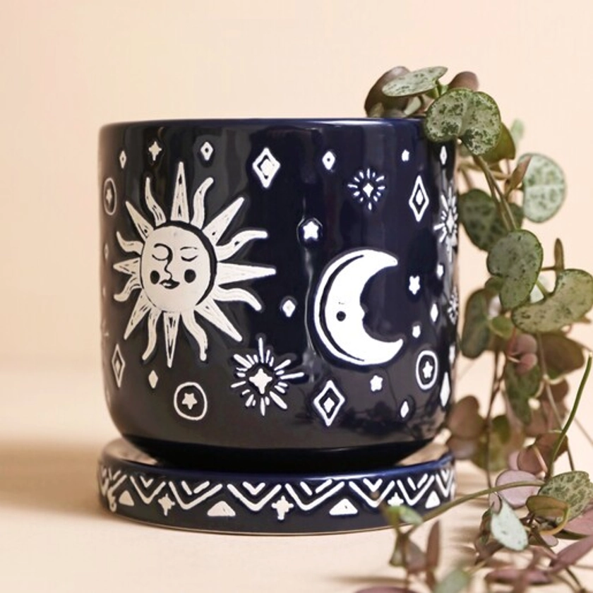 Midnight Blue Sun and Moon Planter and Tray, H11.8cm