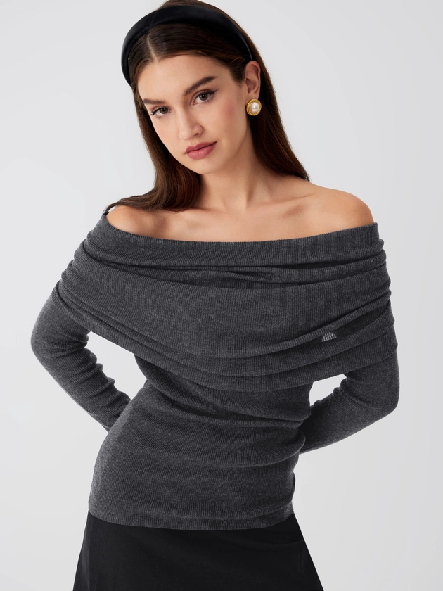 Tricot Wool-blend Off-shoulder Ruched Knit Long Sleeve Top For Décontracté quotidien Café