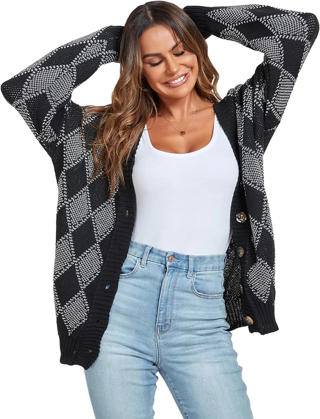 ZAFUL Women's Cardigan Sweaters Argyle Plaid Long Sleeve Button Down Preppy Oversized Chunky Knit Outerwear