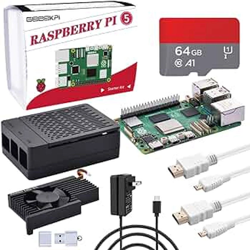 GeeekPi for Raspberry Pi 5 8GB Starter Kit, with Pi 5 Board, Pi 5 Case with Active Cooler, 64GB Card and Card Readers, HDMI Cables and 27W USB C Power Supply for Raspberry Pi 5 (8GB RAM)