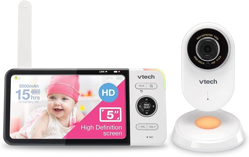VTech VM818HD Baby Monitor with Camera,HD No-Glare Night Vision,Video Baby Monitor with 5'' 720p HD Display,Night Light,110°Wide-Angle View,True-Colour Day Vision 300m Range,2-Way Talk White
