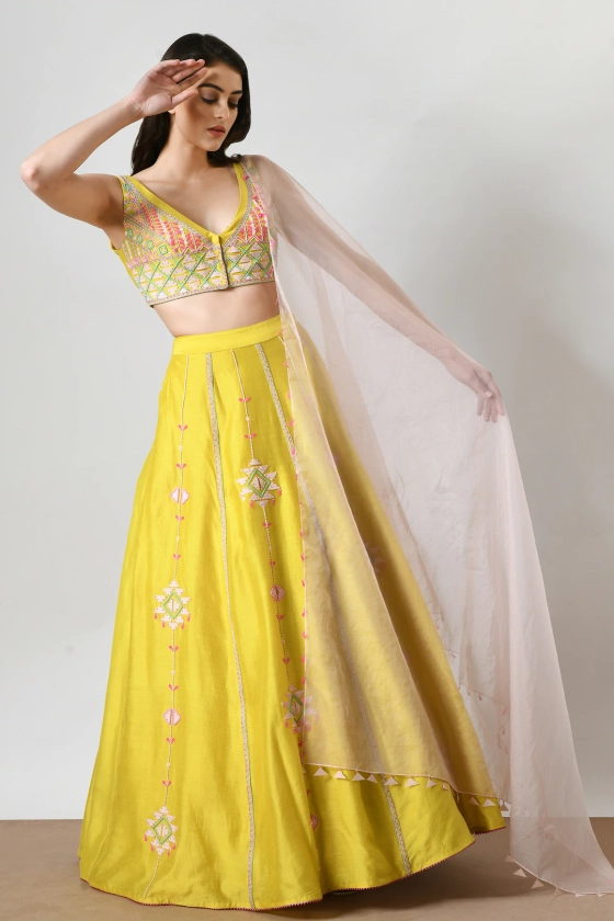 Buy Yellow Chanderi Hand Embroidery Geometric Pattern Plunge V Lehenga Set For Women by Salt and Spring Online at Aza Fashions.