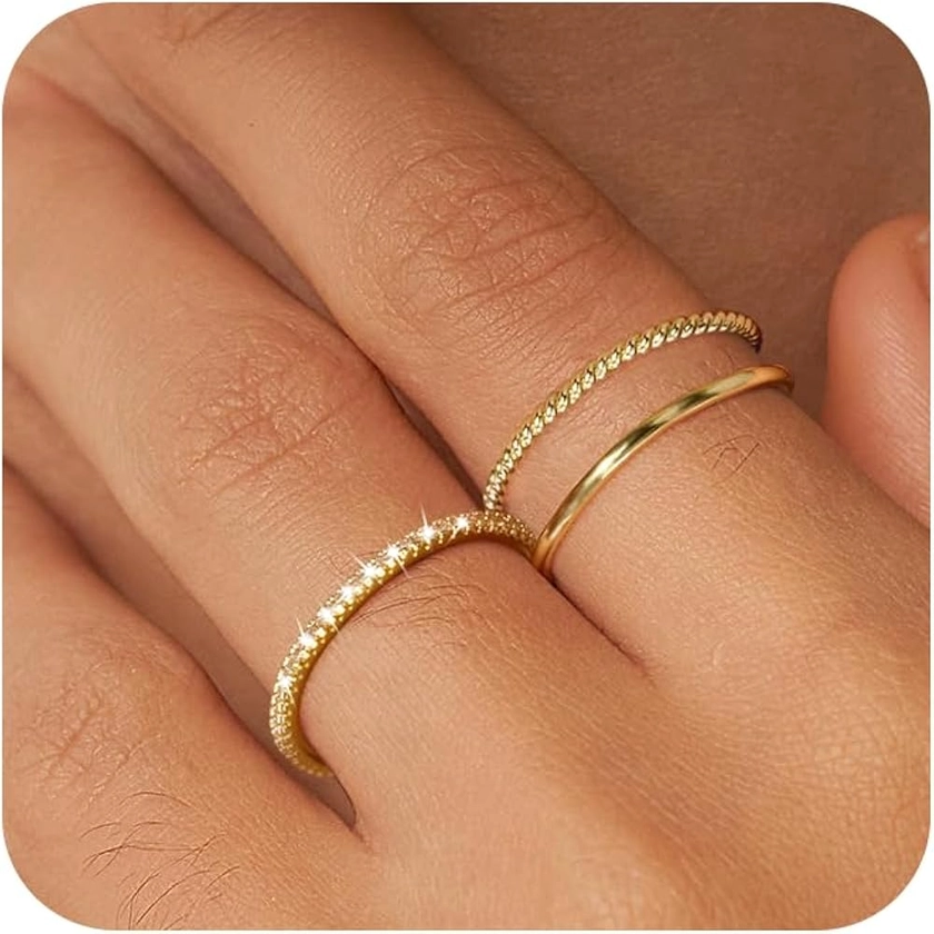 Moodear 3PCS Thin Stackable Ring Set - Dainty 14K Gold Plated Thumb CZ Rings for Women Non Tarnish Size 5-12