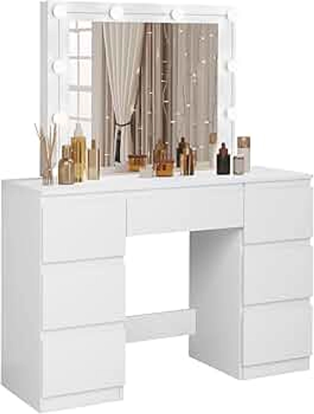 WOLTU Dressing Table with LED Lights, Adjustable Brightness, Vanity Table Makeup Desk with Large Mirror and 7 Drawers, 110 x 140.5 x 39.5 cm, White Bedroom Dresser Cosmetic Table, MB6099ws