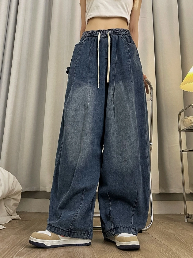 Dia Solid Color Retro Vintage Denim High Waist Straight Wide Leg Loose Casual Jeans Pants