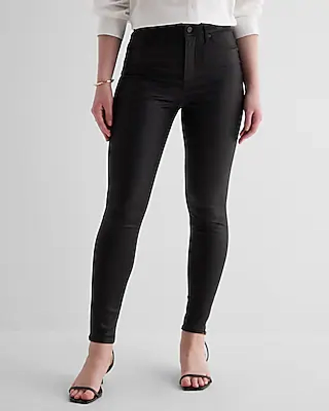 High Waisted Black Coated Skinny Jeans