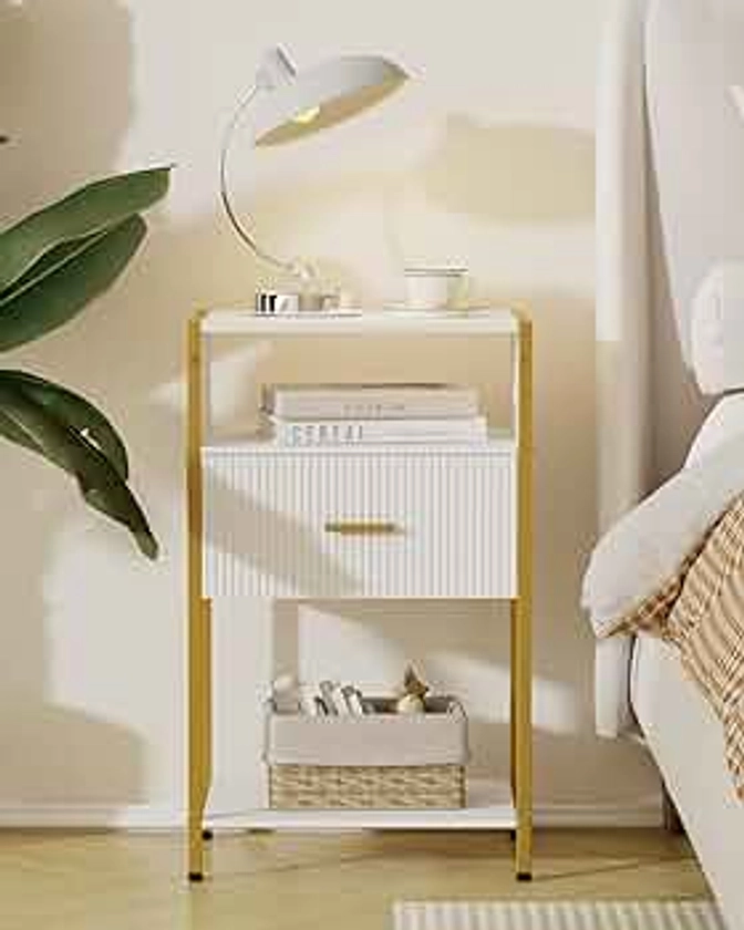 White and Gold Nightstand, White Bedside Table with Drawer, Modern Night Stand with Gold Handles and Legs, Small White Night Stand for Bedroom