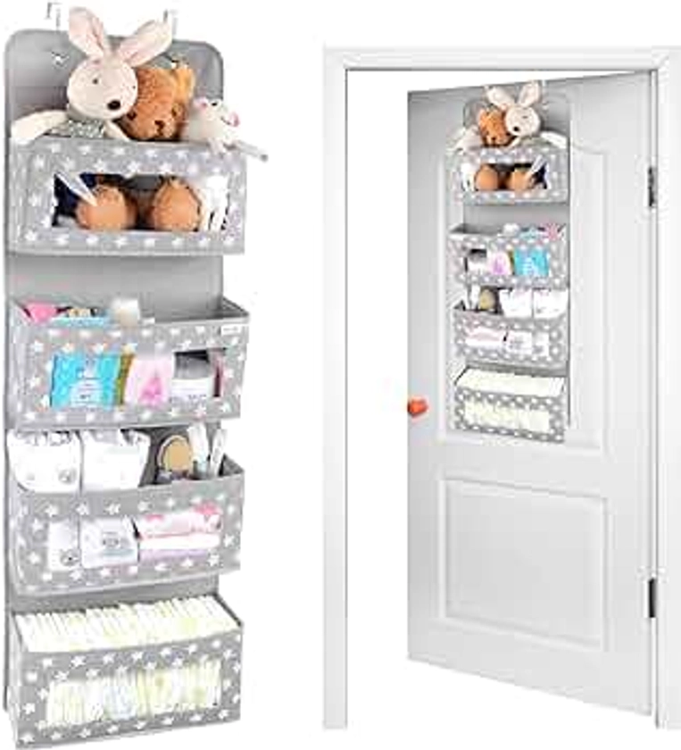 Vesta Baby Over Door Hanging Organiser with Hooks - Unisex Space Saving 4 Pocket Storage for Bathroom, Children's Room, Nursery - Clear Window Caddy Hanger - 2 Small Items Utility Pockets