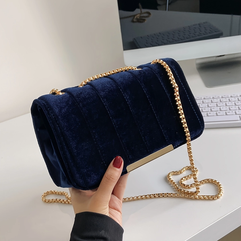 Vintage Textured Velvet Square Shoulder Bag, Solid Color Elegant Chain Bag, Women's Classic Handbag Wallet