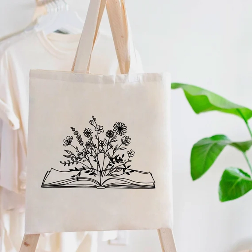 Floral Book Tote Bag, Library Tote, Floral Tote Bag, Birthday Gift, Graduation Gift, School Bag, Nurse Tote, Summer Bag, High Quality