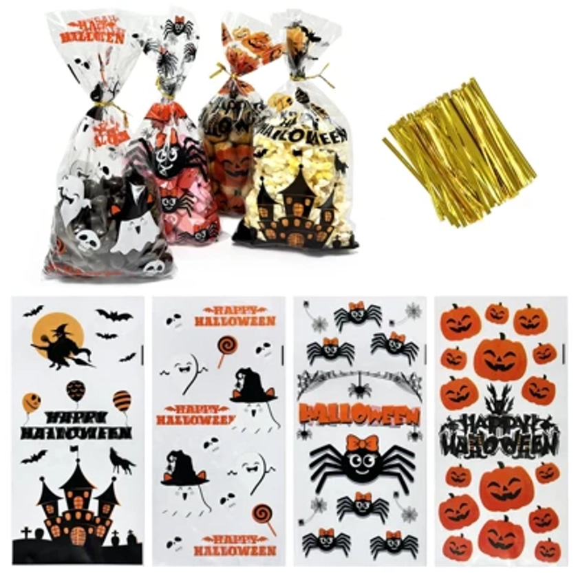 Wrapables 100pcs Halloween Cellophane Treat Bags and Ties, Dark Creatures Creepy Critters One Size