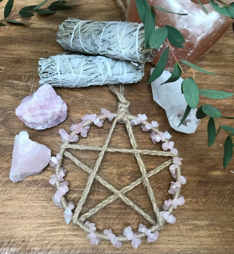 Rose Quartz Crystal Pentacle Wall Hanging - Witchy Decor - Altar Wall Hanging - Crystal Wall Decor