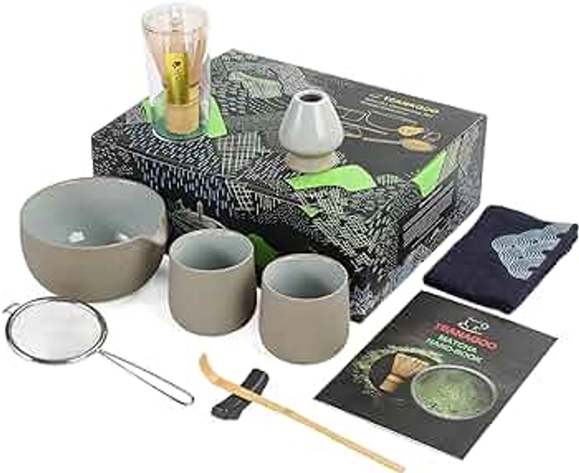 TEANAGOO Matcha Whisk Set Matcha Bowl with Pouring Spout Bamboo Matcha Whisk Scoop Matcha Whisk Holder Tea Making Kit. 1 Japanese Tea Set (7pcs) + 2Cups(7.2oz),S2,Darker Grey,Color Box Packing