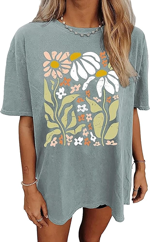 Wildflowers Shirt for Women Oversized Floral T Shirts Inspirational Graphic Tees Flower Plant Shirts Tops(Green, Medium) at Amazon Women’s Clothing store