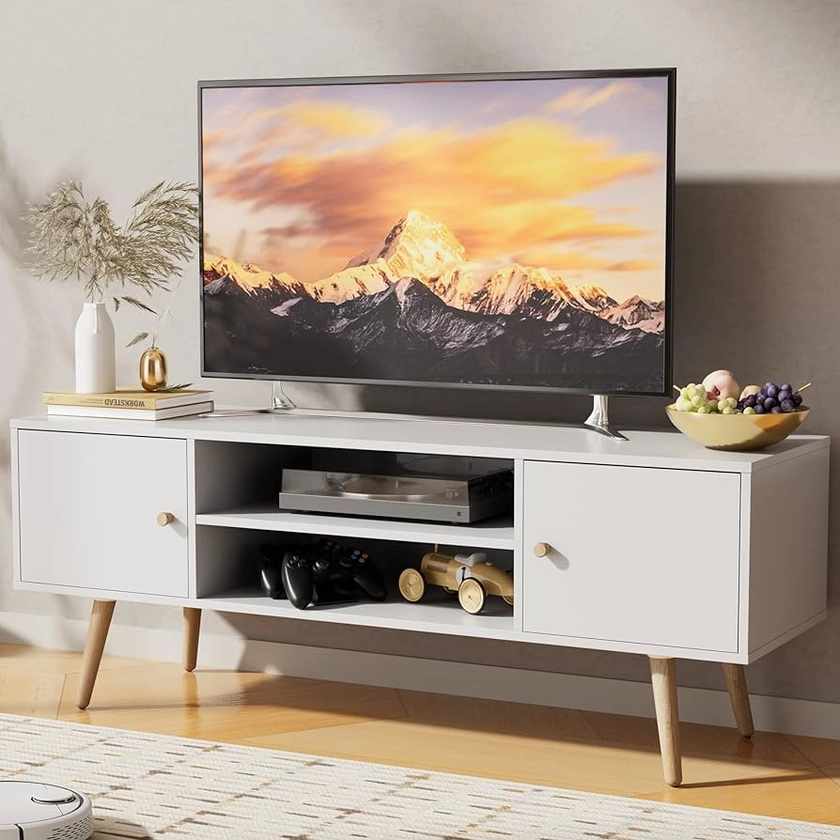 Amazon.com: Cozy Castle Mid-Century Modern TV Stand for 55/60 inch TV, Entertainment Center with Storage Cabinets and Open Shelves, TV Media Console for Living Room Bedroom, White : Home & Kitchen