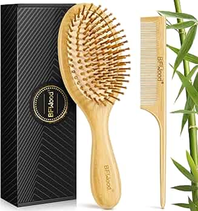 BFWood Bamboo Hair Brush for Hair Growth, Natural Wooden Brush and Detangle Tail Comb Set, Paddle Hairbrush for Massaging Scalp, for Women & Men