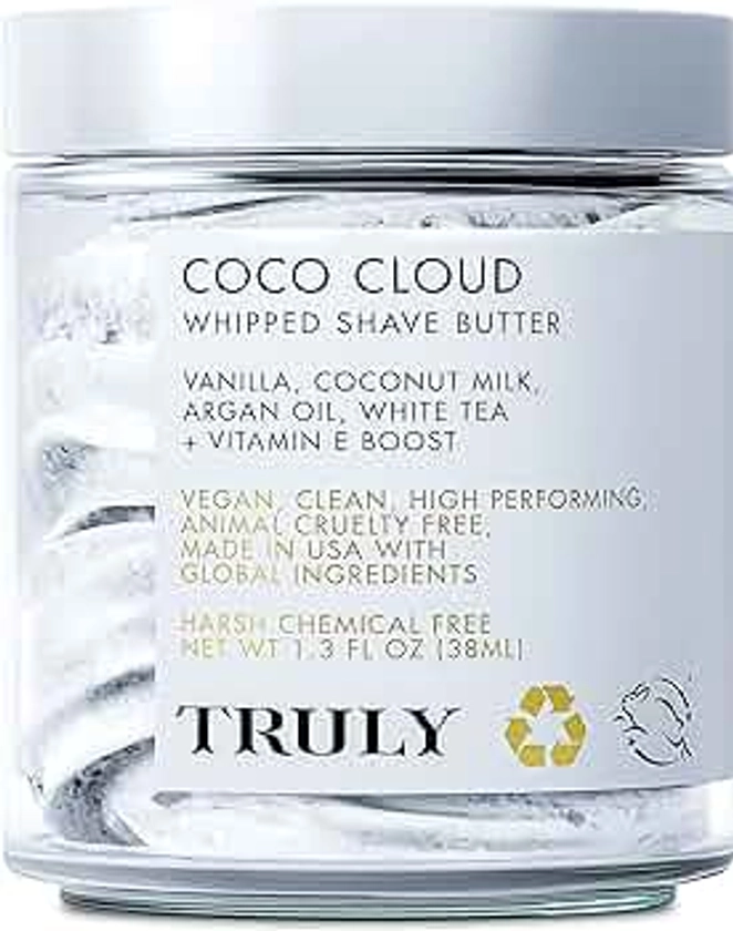 Truly Beauty Coco Cloud Shaving Cream for Women Sensitive Skin Whipped Shave Butter for Legs, Pubic Hair, Underarm, Body, Intimate Bikini Area, etc. 1.3 OZ