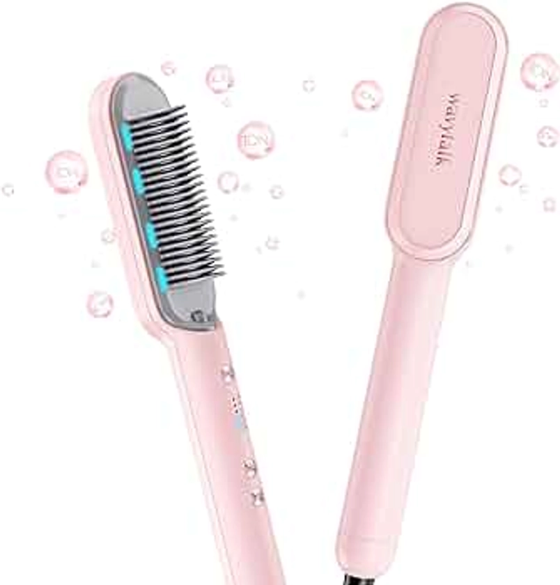 Wavytalk Hair Straightener Brush, Ionic Hair Straightening Comb for Women, Anti-Scald Ceramic Straightening Brush Fast Heating for Home Salon, Dual Voltage Pink.