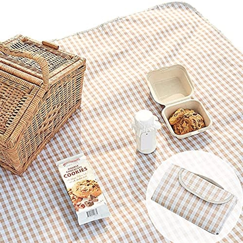 ESLA Picnic Blanket, Waterproof Foldable, in Large 80x60in and Extra Large 80x80in, Cute Gingham Picnic Blanket, Portable Compact Beach Blanket, Oversized XL Outdoor Mat, Tan Gingham (123)