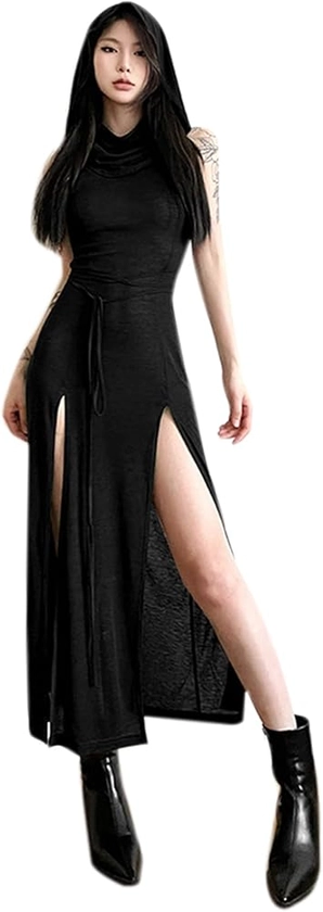 Amazon.com: Women's Gothic Desert Walker Hooded Sleeveless Dress Y2K Punk Side Split Hollow Out Midi Dress Party Club Streetwear Black : Clothing, Shoes & Jewelry