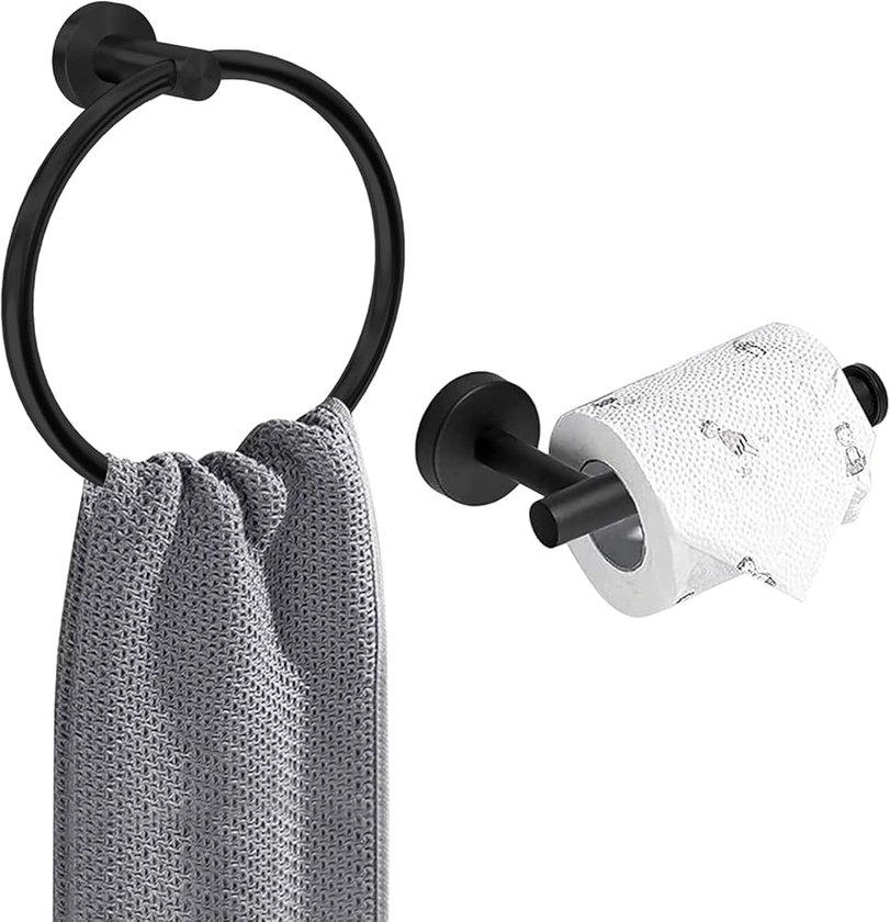 AMMIY Toilet Roll Holder Towel Ring, Wall Mounted Toilet Paper Holder, 2 Pieces Classic Stainless Steel Bathroom Accessories, Matte Black : Amazon.co.uk: DIY & Tools