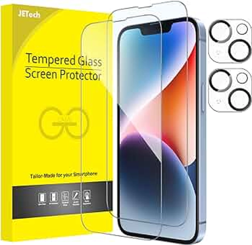 JETech Verre Trempé pour iPhone 14 6,1 Pouces avec Protecteur d'Objectif de Caméra, Couverture Complète, Film Protection Écran, HD Transparent, 2 Pièces Chacun