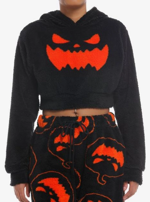 Black Pumpkin Girls Fuzzy Crop Hoodie | Hot Topic