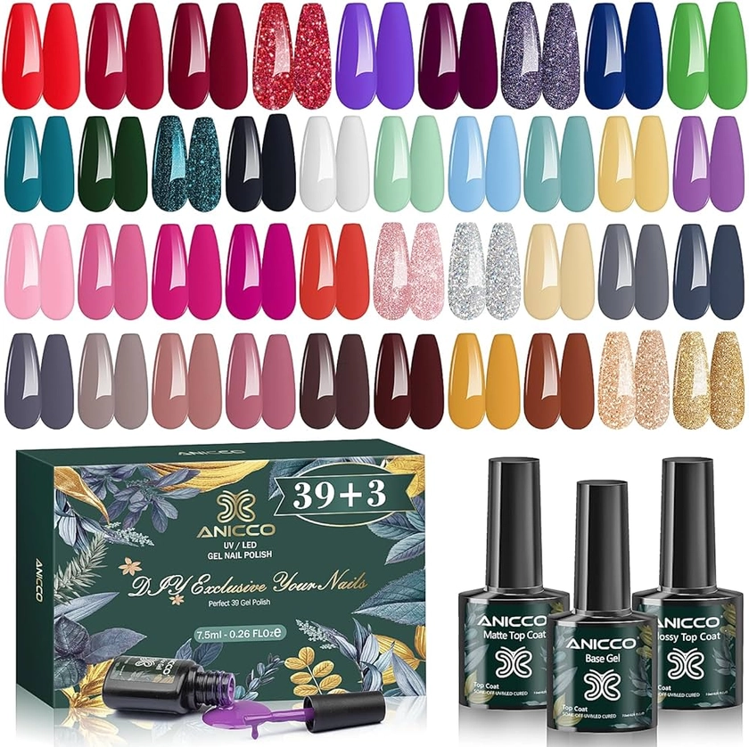 Anicco Vernis Semi Permanent 42 Pcs (39 Couleurs + 3 Base et Top Coat), Lot UV LED Vernis à Ongles Soak Off Pastel Paillettes Nude Gel Nail Polish 7.5ml