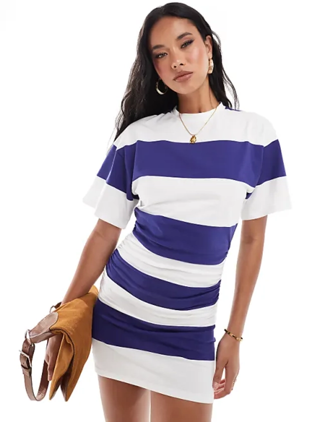 ASOS DESIGN crew neck mini t shirt dress with ruched side in white & navy stripe | ASOS