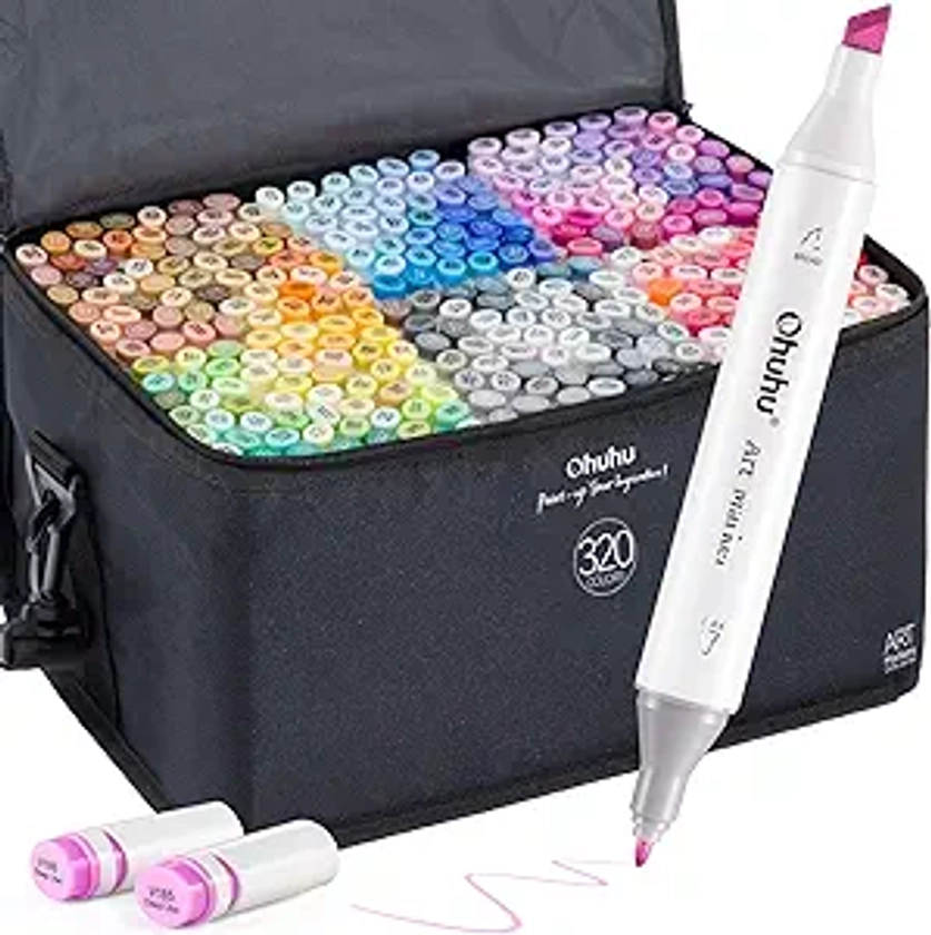 Ohuhu Alcohol Markers 320 Colors - Chisel & Fine Double Tipped Art Markers for Artists Adults Coloring Drawing Sketching Illustration - Alcohol-based Refillable Ink