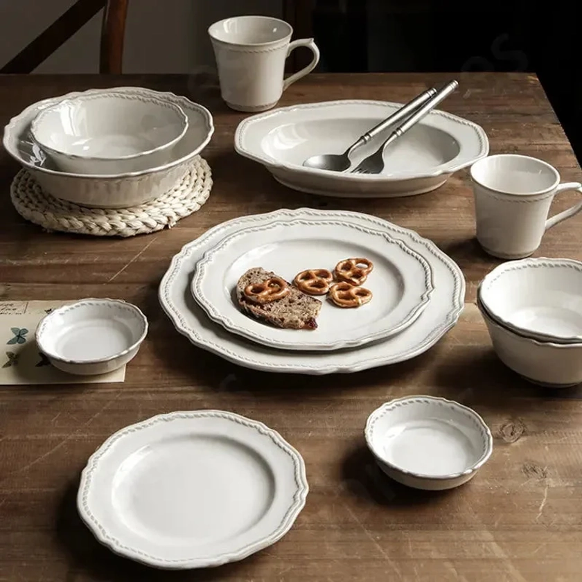 Lilly & Lula | White Nordic Vintage Ceramic Dinner Plate, Bowl & Cup Set - 9 Sizes