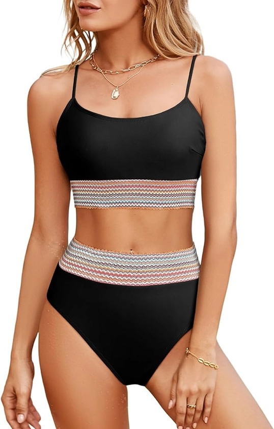 Herseas Women's Bikini Sets Colorblock Trim 2 Piece High Waisted Swimsuit Scoop Neck Adjustable Spaghetti Straps Bathing Suit