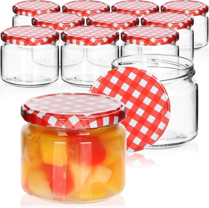 COM-FOUR® 12x Bocaux à conserves à capuchon à vis en damier rouge/blanc, Ø 82 mm - pot confiture - petit pot verre