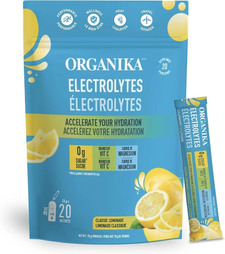 Organika Electrolytes Powder- Classic Lemonade Sachets- On the Go Hydration and Electrolyte Replenishment 3.5g x 20ct