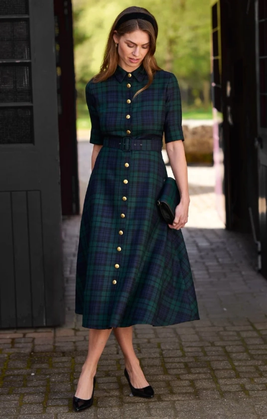 Ladies Plaid Gold Button Dress