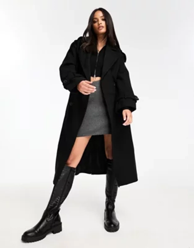 Bershka wool trench coat in black | ASOS