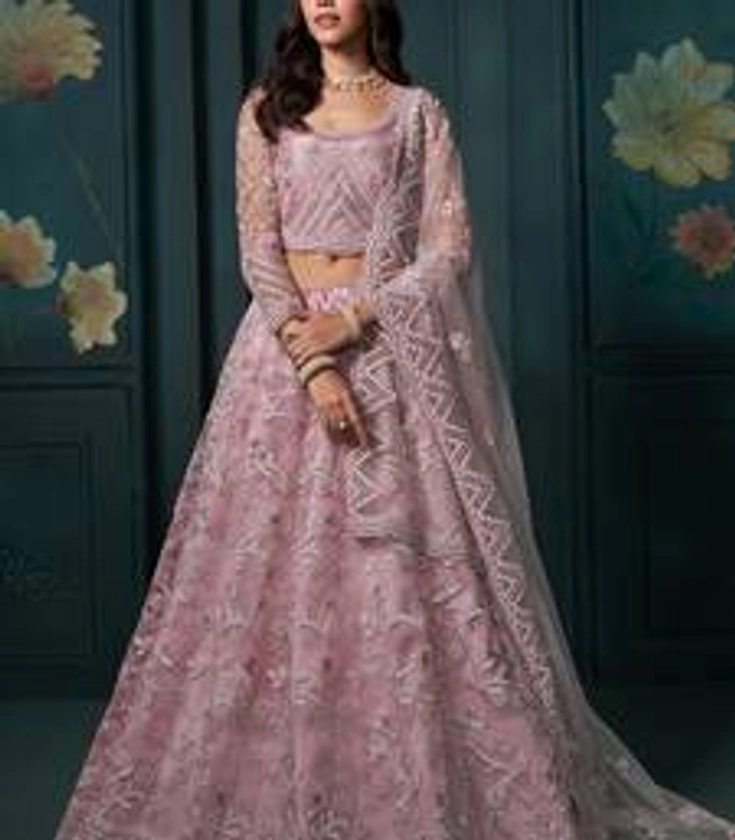 dusty pink net embroidered wedding lehenga - Veega Fashion - 4458614