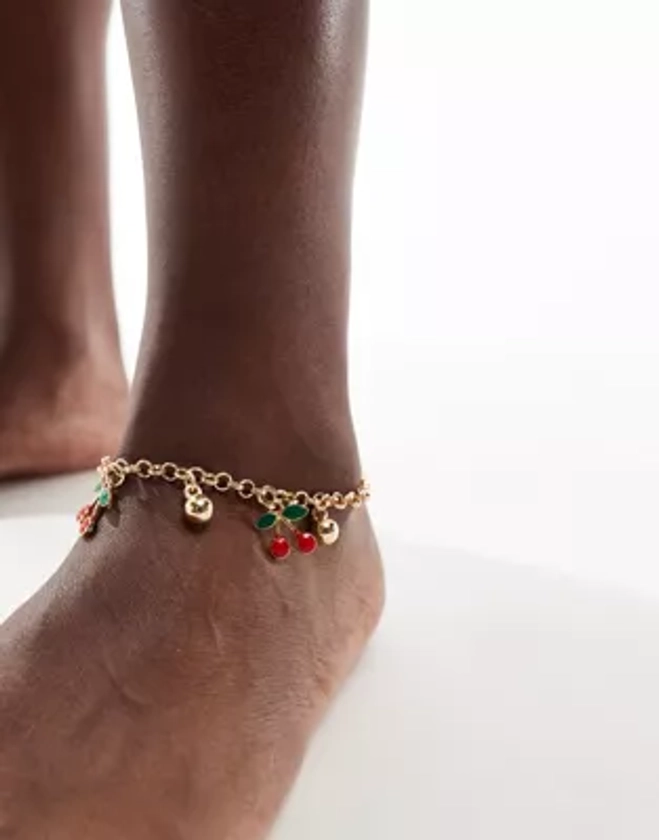 DesignB London Curve cherry charm anklet in gold | ASOS