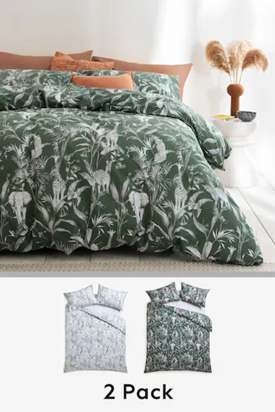 2 Pack Safari Green/White Reversible Duvet Cover and Pillowcase Set