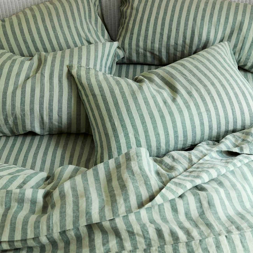 Pine Green Stripe Linen Fitted Sheet