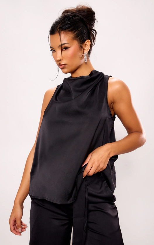 Black Satin Open Back Longline Top