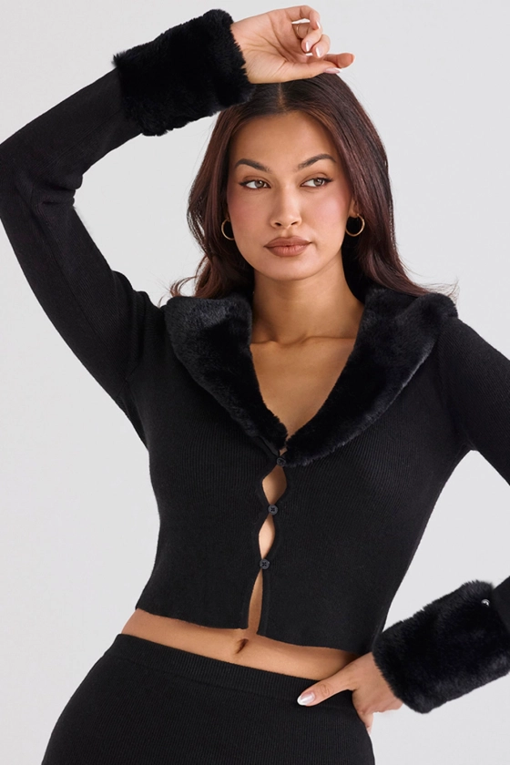 Clothing : Tops : 'Blanche' Black Faux Fur Trim Cardigan 