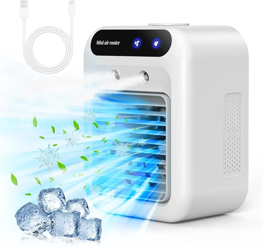 Climatiseur Portable, Climatiseur Mobile Silencieux, Refroidisseur d'air de 500 ml, Rafraichisseur d'air, 2 Vitesses, 2 Modes de Brumisation, Mini Climatiseur Adapté à la Coucher, Bureau