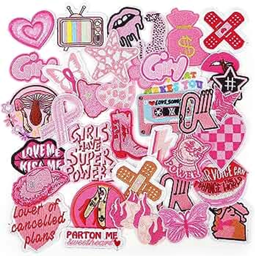NICEVINYL Embroidered Preppy Iron on Patches: 35PCS Pink Embroidery Sew on Applique Patch for Clothing
