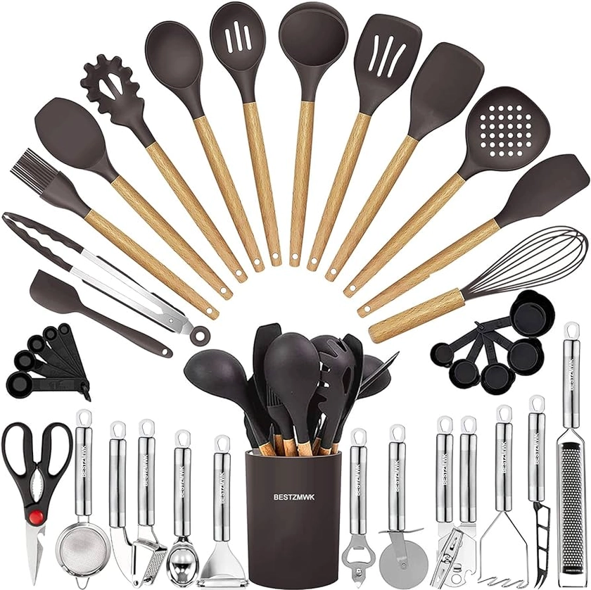 Cooking Utensils Set- 35 PCs Kitchen Utensils with Grater,Tongs, Spoon Spatula &Turner Made of Heat Resistant Food Grade Silicone and Wooden Handles Kitchen Gadgets Tools Set for Cookware