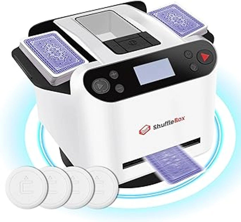 ShuffleBox G1 Pro Automatic Card Shuffler and Dealer 2-in-1, Ultra Quiet, Rechargeable, Works with UNO, Taco Cat Goat Cheese Pizza, Five Crowns, Monopoly Deal, Bicycle and Maverick Cards (White)